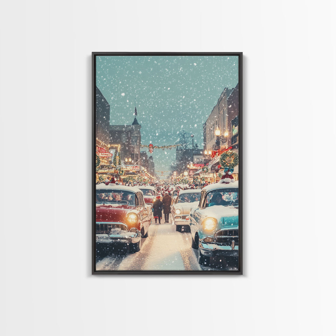 Retro Christmas Parade on Snowy Main Street with Classic Cars and Holiday Decorations, Framed Canvas Print for Christmas Wall Decor