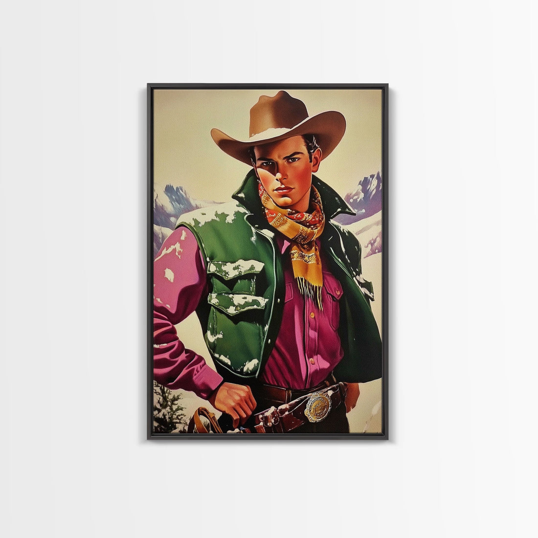 Retro Cowboy in Snowy Mountain Canvas Print, Winter Wall Art, Holiday Decor, Vintage Christmas Art, Rustic Wall Decor, Framed Canvas Print