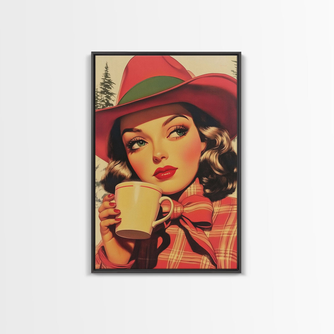 Retro Christmas holiday art framed canvas print a stylish woman with coffee holiday wall art perfect for vintage Christmas home decor