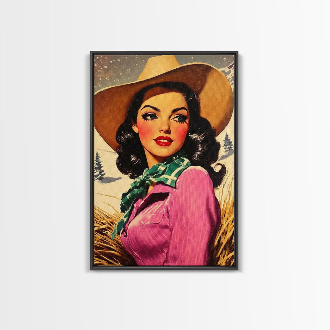 Retro Christmas framed canvas print festive cowgirl in a snowy landscape perfect holiday wall art or vintage Christmas home decor gift idea