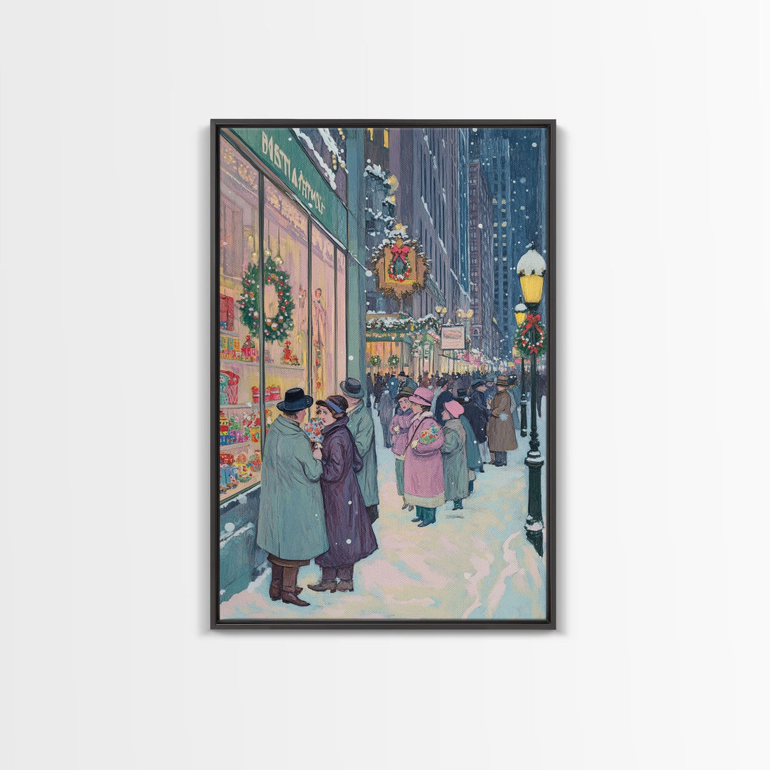 Retro Christmas Shoppers Admiring Store Window Displays in Snowy City Street, Perfect for Vintage Christmas Wall Art, Framed Canvas Print