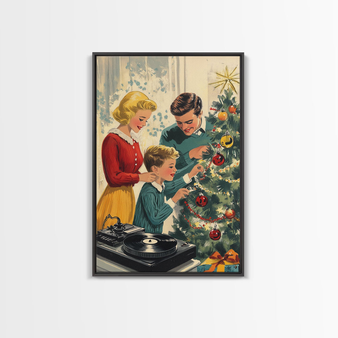 Mid-Century Family Christmas Celebration with Turntable and Christmas Tree, Retro Holiday Wall Art, Framed Canvas Print