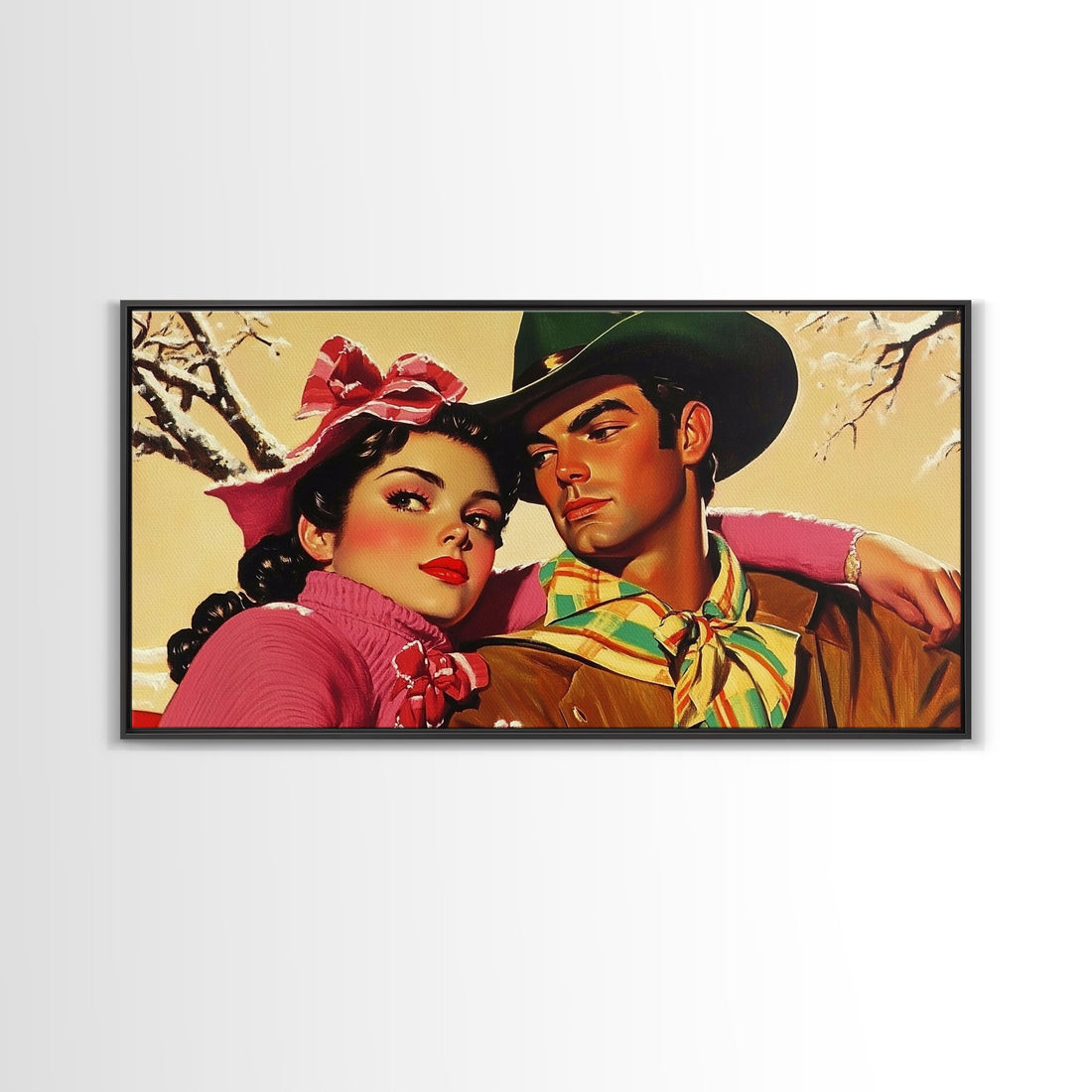 Retro 50s Style Cowboy and Cowgirl In Love, Gift For Couples, Framed Canvas Print, vintage wall art, rustic decor, classic western print