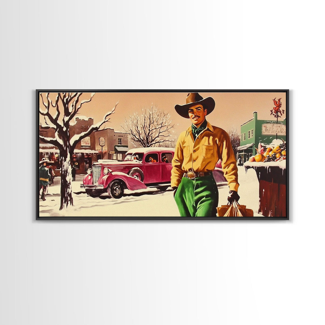 Retro 1950's Style Cowboy, Framed Canvas Print, Pastel Colors, Vintage Inspired Home Decor For Christmas