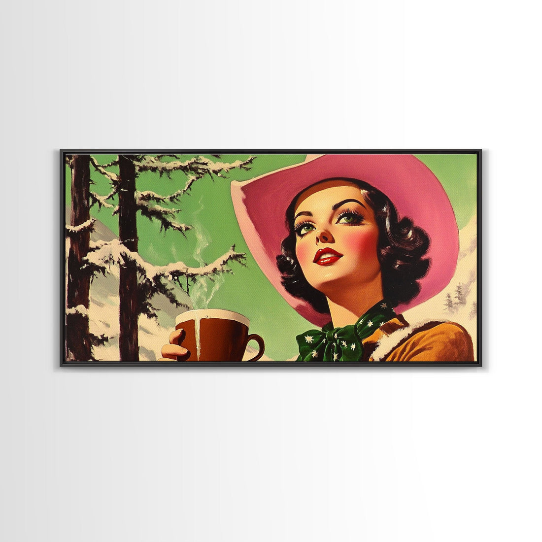 Retro Cowgirl Having A Cup Of Coffee, Framed Canvas Print, 1950s Style Wall Art, Vintage Art, Winter Decor, Watercolor Christmas Art