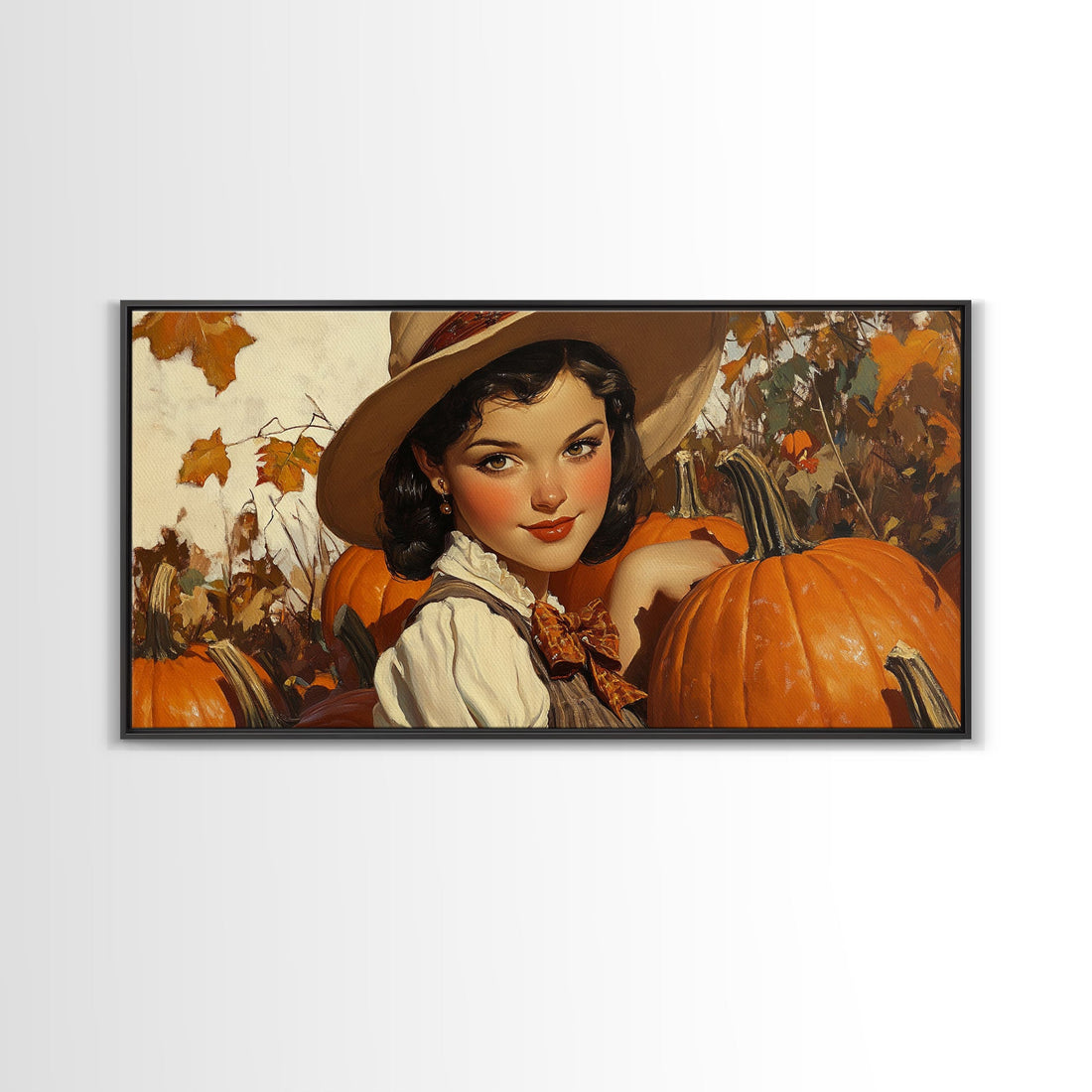 Cowgirl In A Pumpkin Patch, Framed Canvas Print, Retro Style Fall or Thanksgiving Wall Art, Farmhouse Decor, Christmas Wall Decor Gift