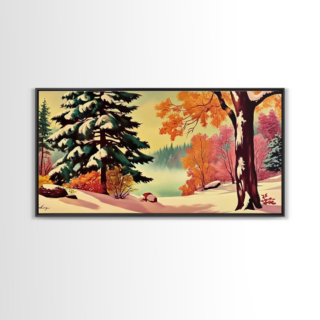 Retro 1950s Style Winter Landscape Painting, Framed Canvas Print, Perfect Holiday Wall Art for Vintage Christmas Decor and Festive Interiors