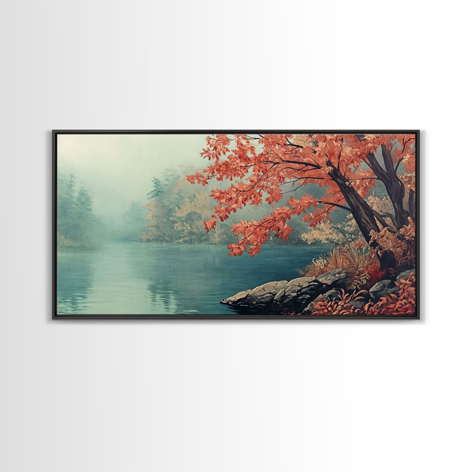 Fall On The Lake, Watercolor Landscape Painting Framed Canvas Print, retro holiday decor wall art with nostalgic vibe