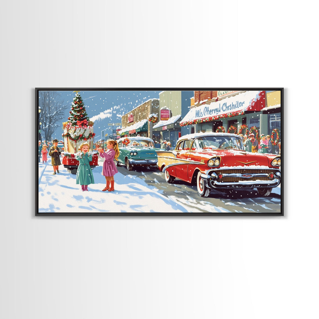 Christmas Parade Street Framed Canvas Print, Vintage Holiday Decor, Retro Christmas Scene Art, Best Gift Christmas Decor, Holiday Wall Art