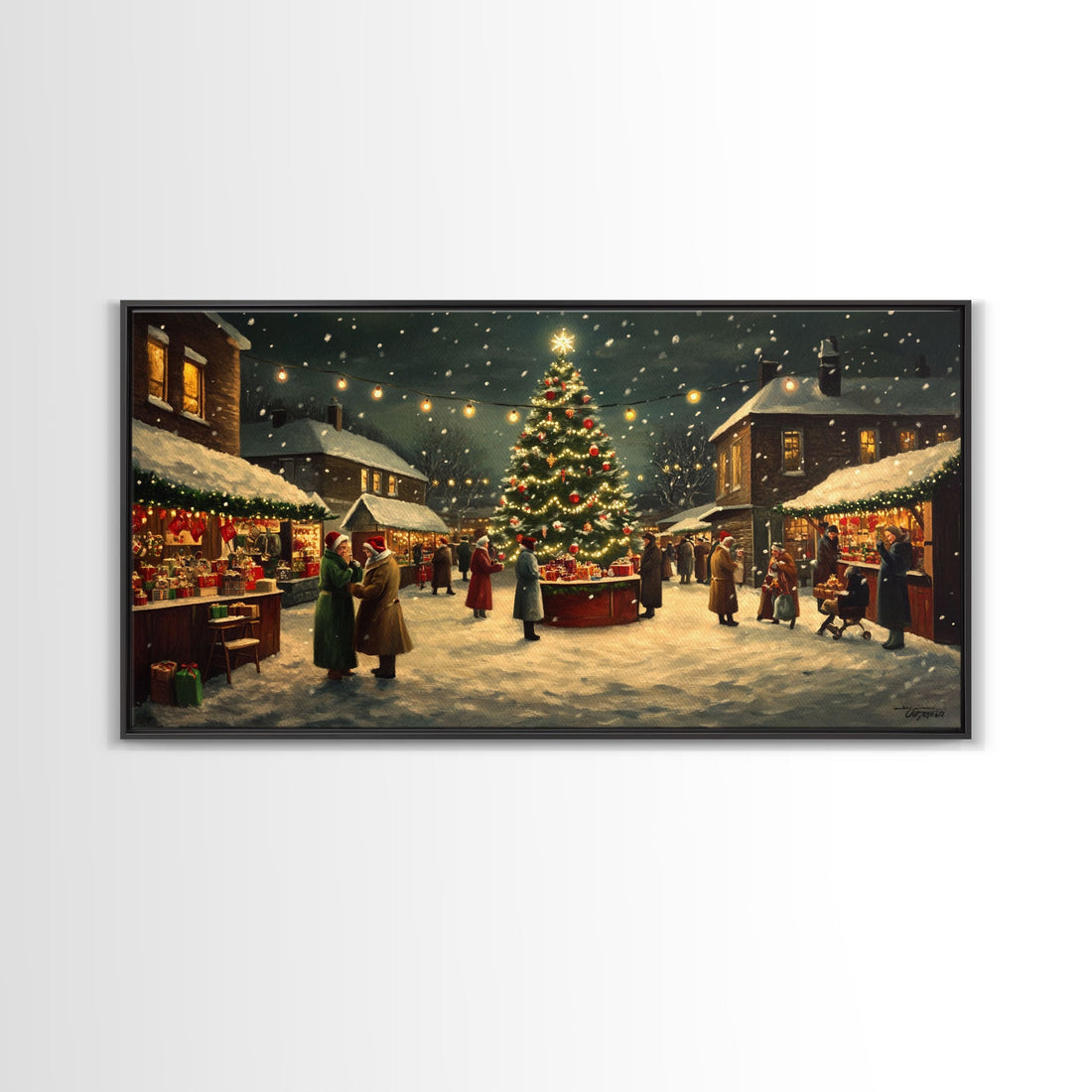 Vintage Christmas Village Market Scene Framed Canvas Print - Perfect Retro Christmas Wall Art and Vintage Christmas Home Decor 2024