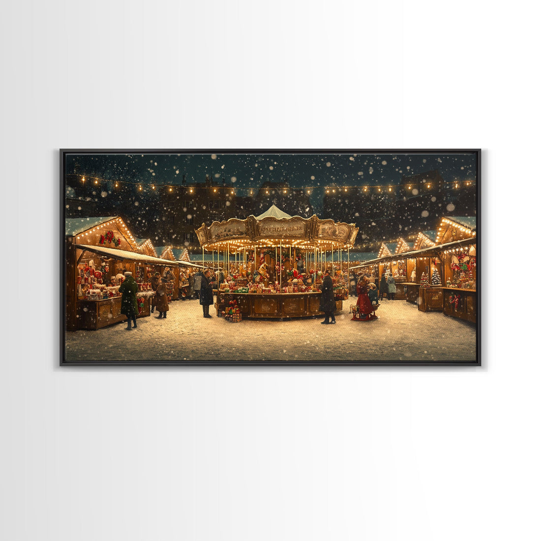 Retro Carousel Christmas Market Framed Canvas Print - Beautiful Vintage Christmas Decor and Holiday Wall Art with Christmas Scene