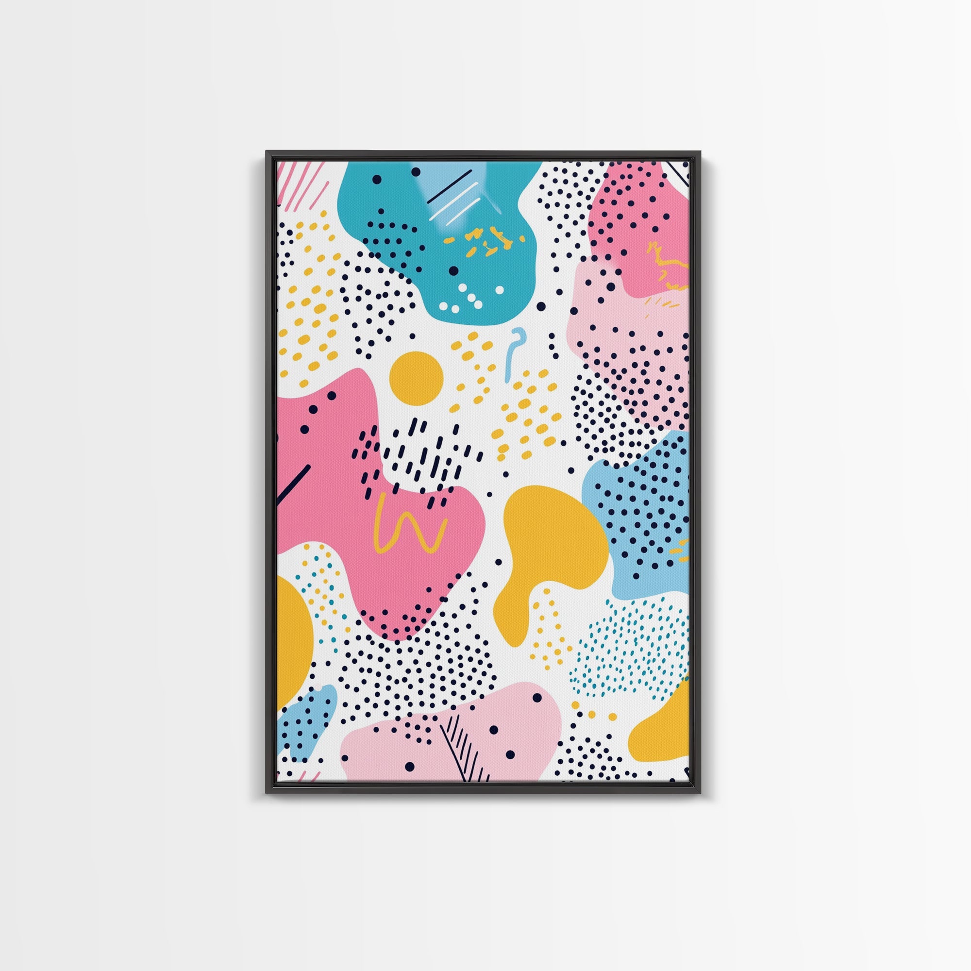 Retro 90s Style Wall Art, Framed Canvas Print, Abstract Shapes and Dots