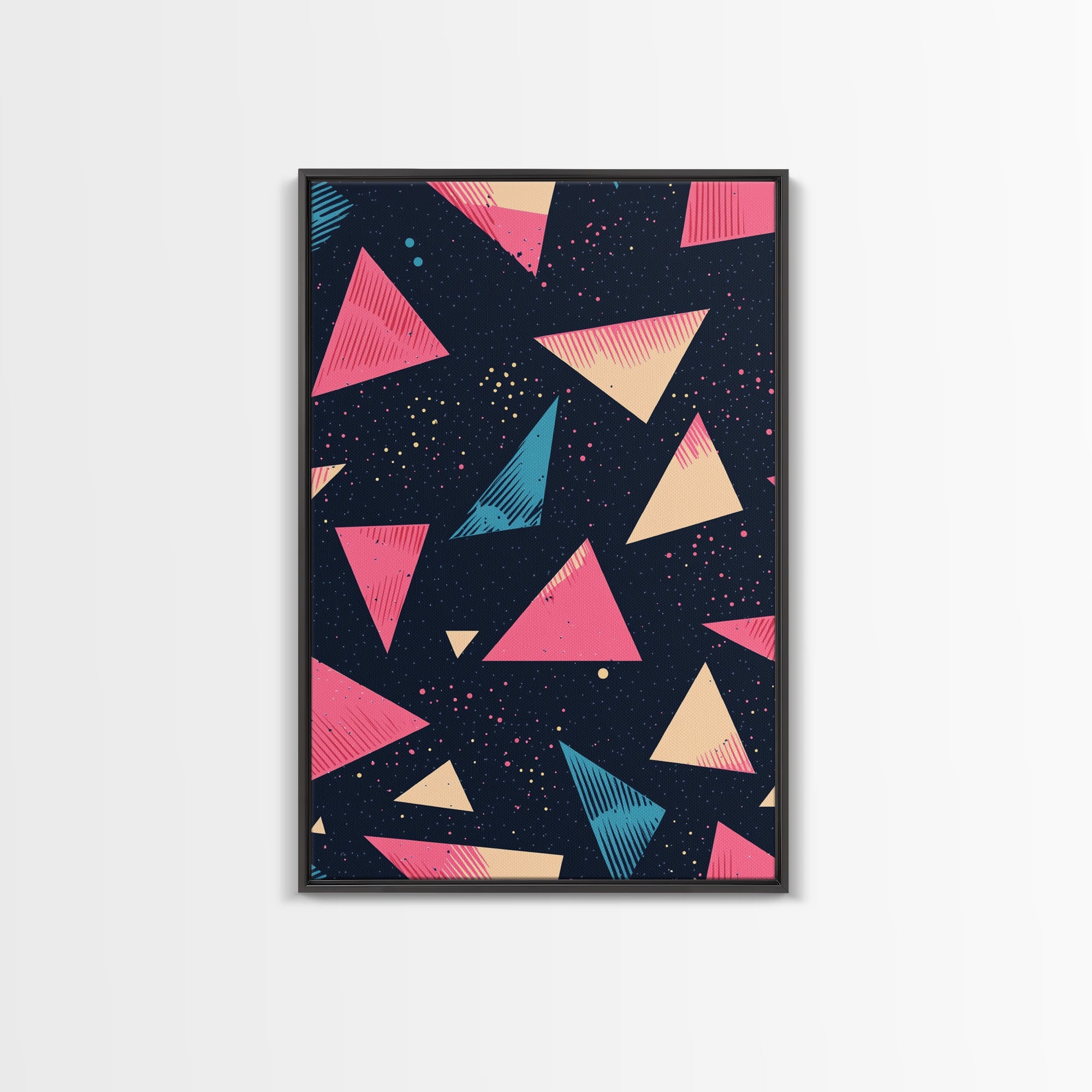 Retro 90s Style Wall Art Framed Canvas Print, Synthwave Abstract Triangles