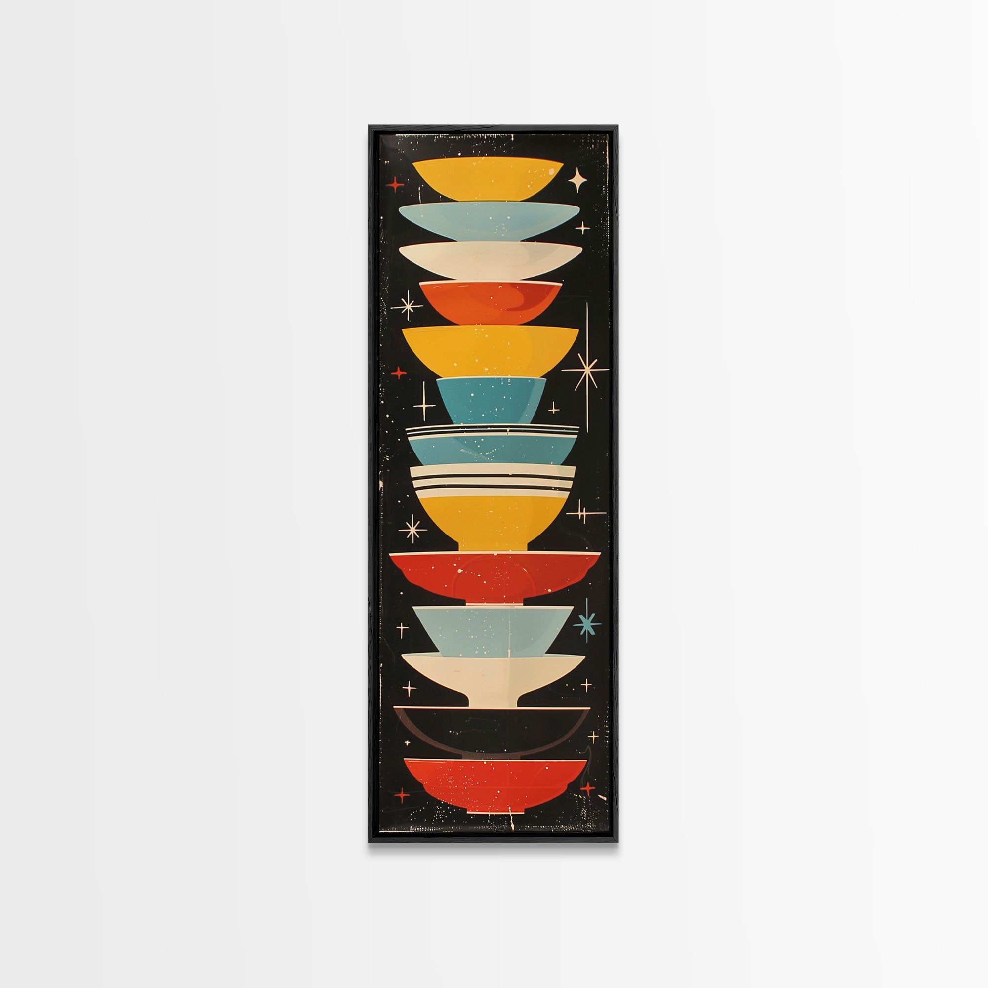 Retro Stacked Bowls Art in Midcentury Style - Framed Canvas Print, Skinny Tall Art for Living Room or Bedroom Decor