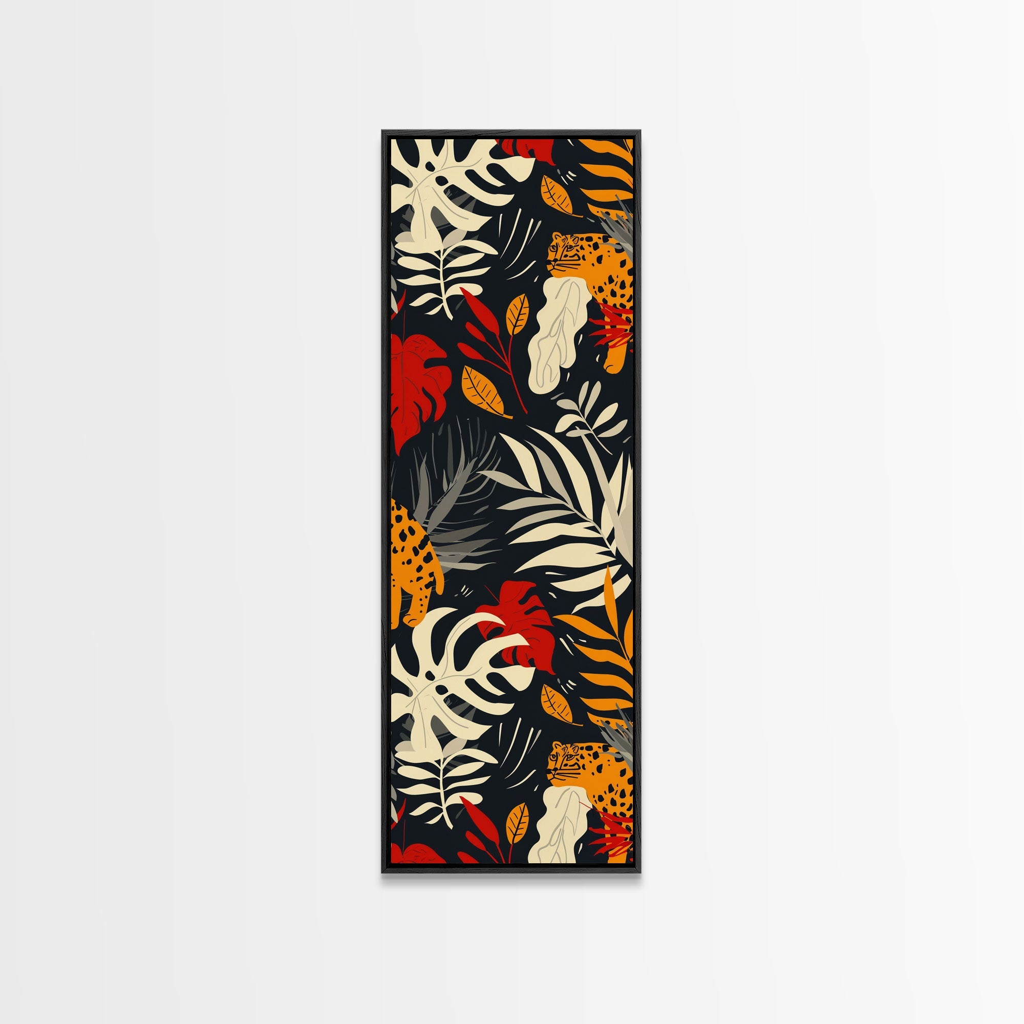 Jungle Foliage and Leopard Design on Black Background - Framed Canvas Print, Midcentury Modern Art, Skinny Art, Tall Art, Living Room Wall Decor, Boho Art