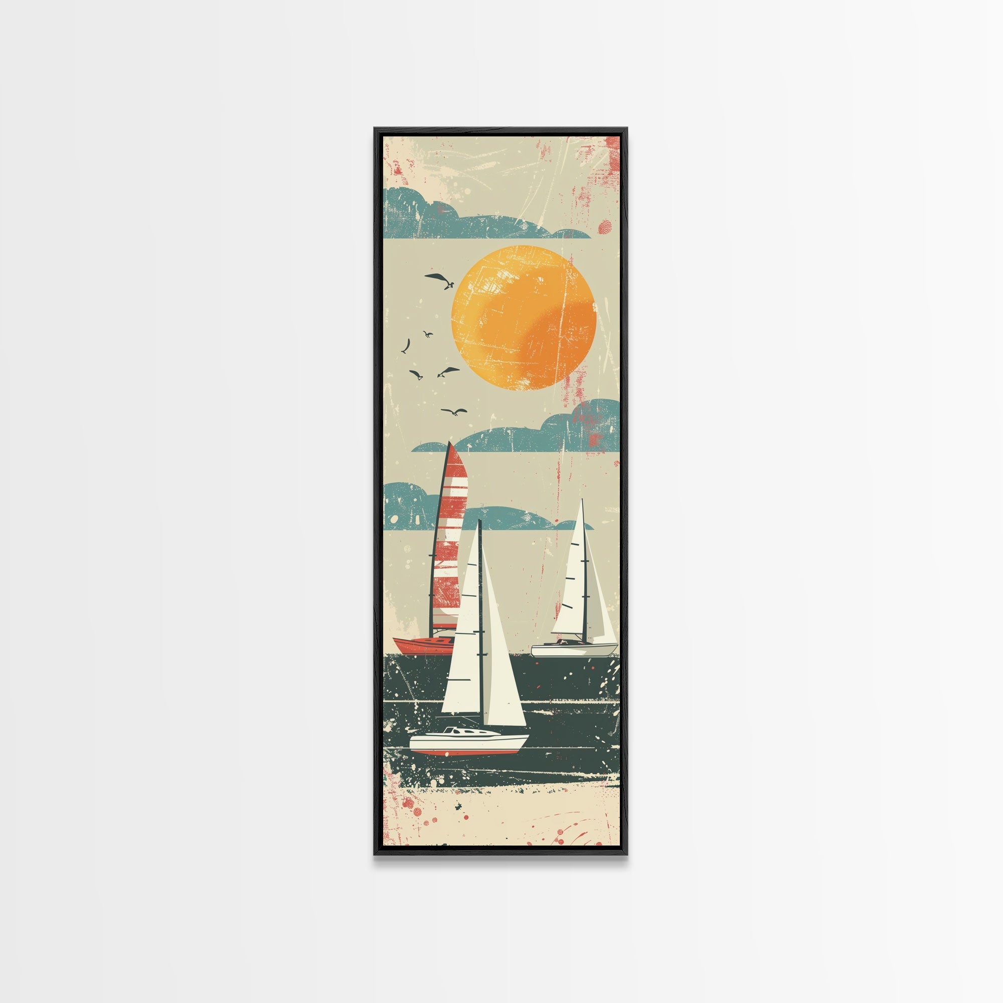 Sailboats Under the Sun, Retro Japanese Art Style Framed Canvas Print, Tall Skinny Art with a Vintage Touch