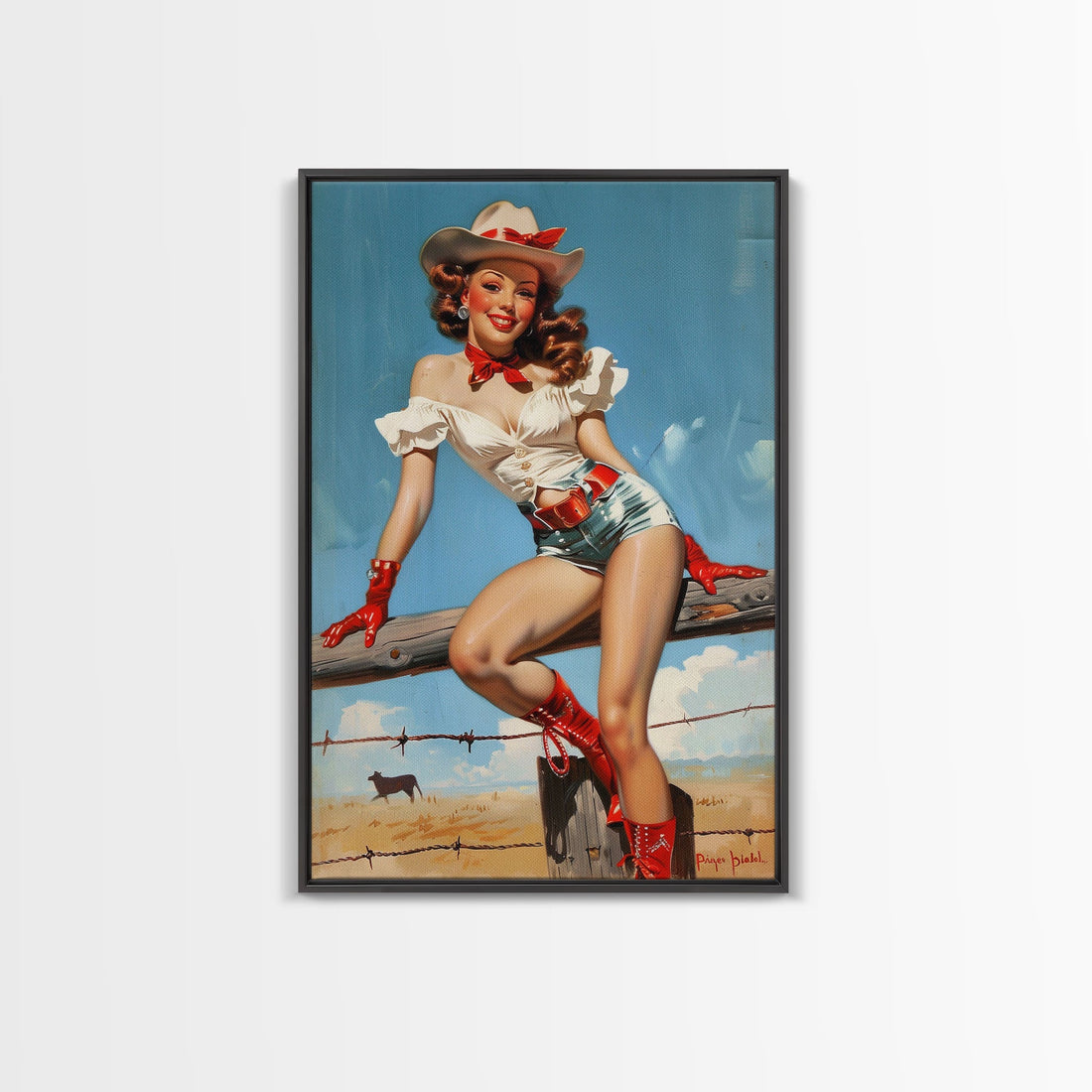 Retro Cowgirl Pin-Up Art Print, Framed Canvas Western Decor, Vintage Pin-Up Girl in Red Boots, Classic Western Artwork for Home