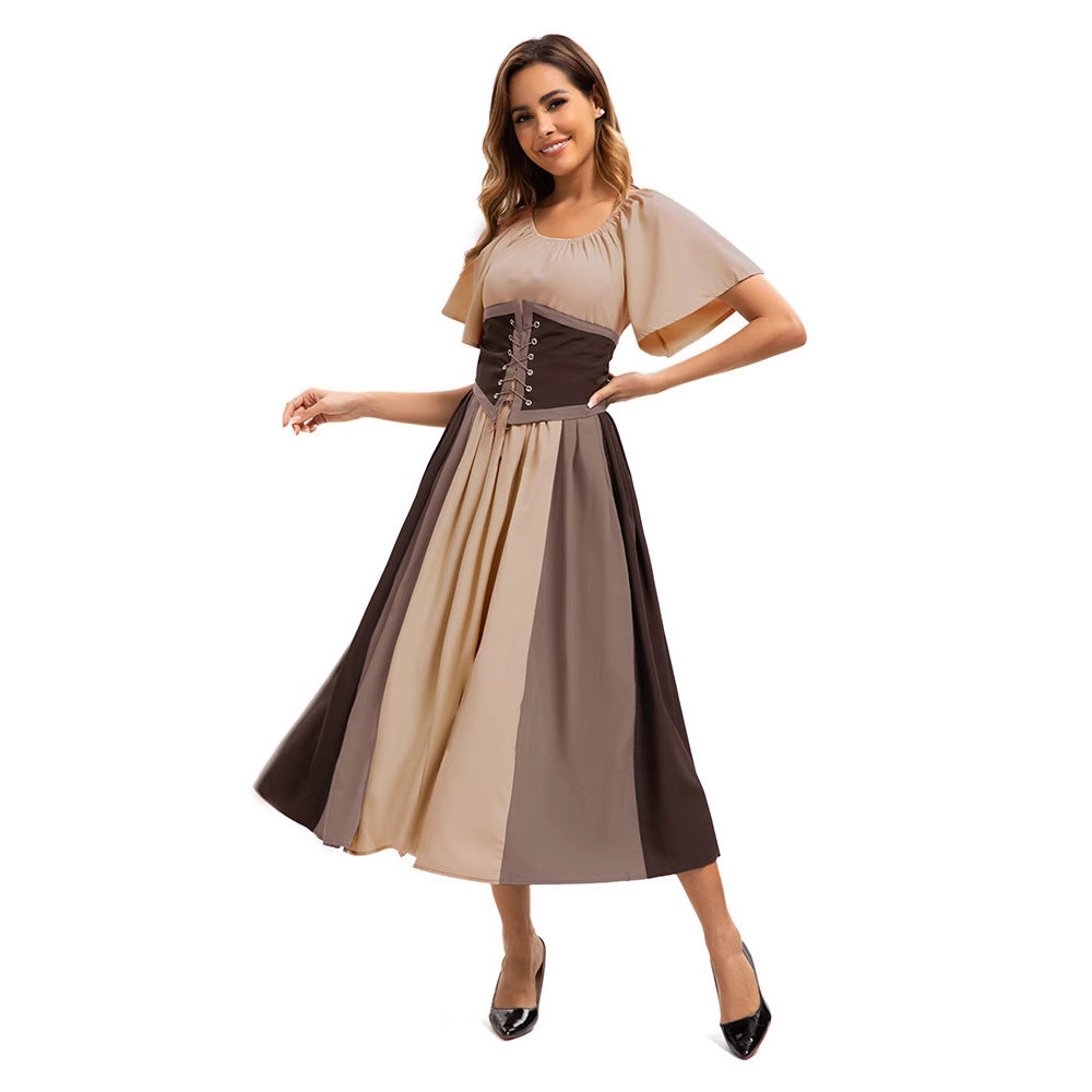 Style Medieval Retro Color-block Spliced Tie-waist Flared Dress for Costume Party Formal Dress