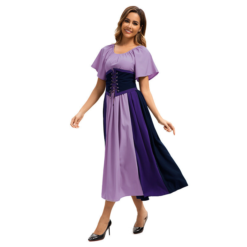 Style Medieval Retro Color-block Spliced Tie-waist Flared Dress for Costume Party Formal Dress