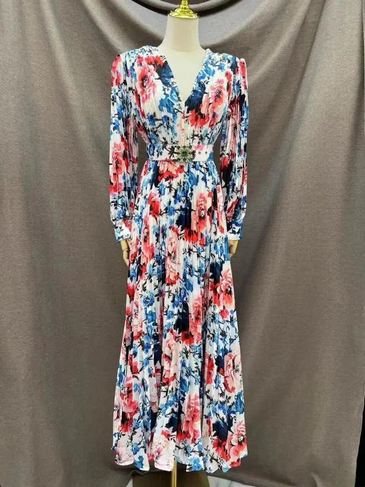 Vintage V Neck Full Sleeve High Waist Belt Large Hem Printed Long Pleated Dresses New Arrival