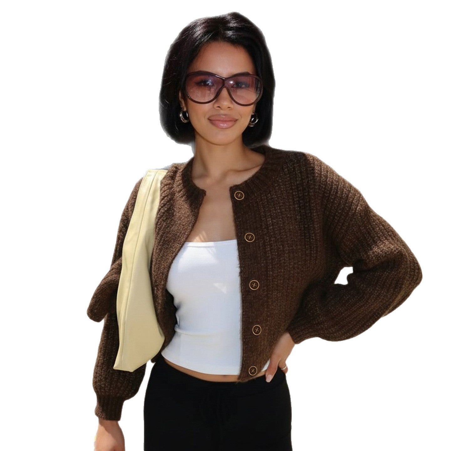 Retro Style Melange Casual Knit Cardigan,  Button-Down Open Front, Lazy Feel Versatile Knitted Top
