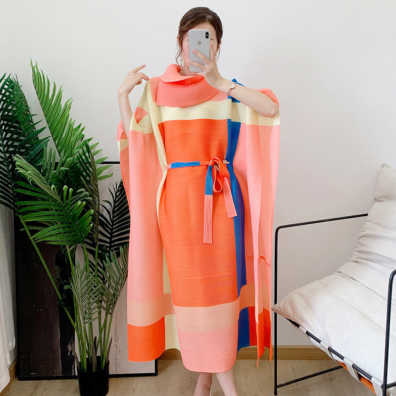 Pleated Print Dress Autumn New Women's Retro Style a Version Color Matching Lapel Pleated Long Skirt