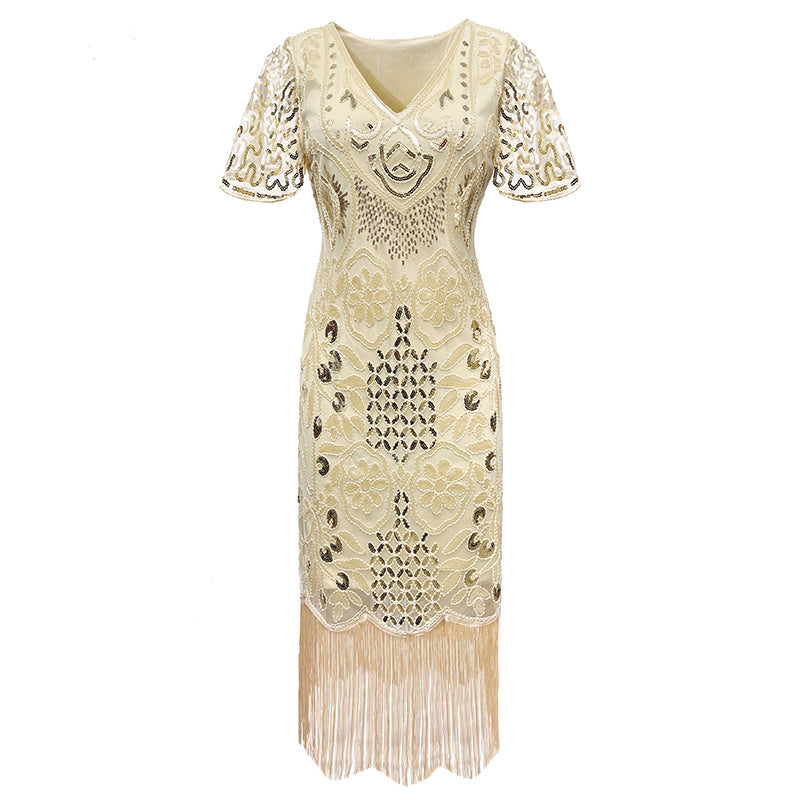 Party 1920s  Style Retro Gatsby V-Neck Evening Dress with Sequins and Fringe Short Sleeve Dress