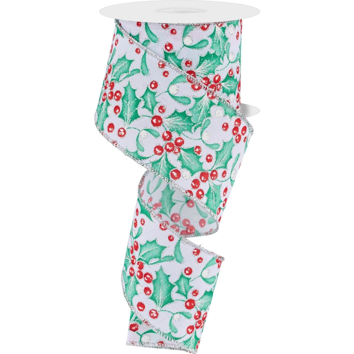 2.5" Holly Berry Mistletoe Ribbon: White/Mint (10 Yards)