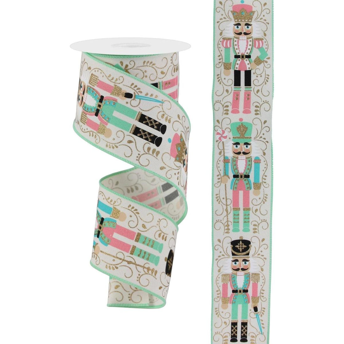 2.5" Nutcracker Ribbon: Ivory/Mint Green (10 Yards)