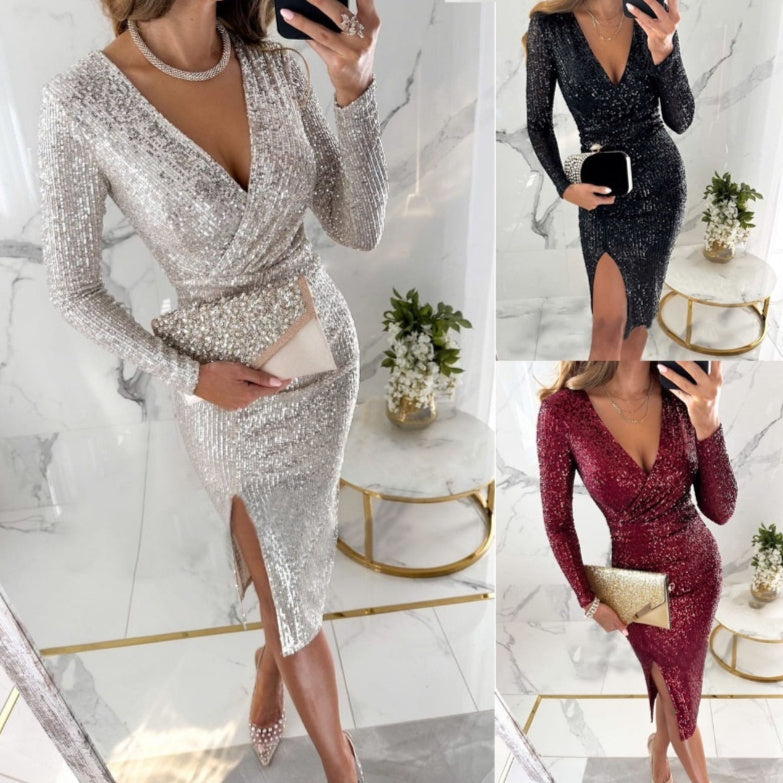 Autumn And Winter New Sequins Split Long Sleeve Dress