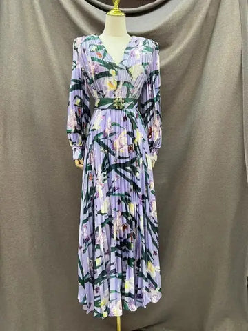 Vintage V Neck Full Sleeve High Waist Belt Large Hem Printed Long Pleated Dresses New Arrival