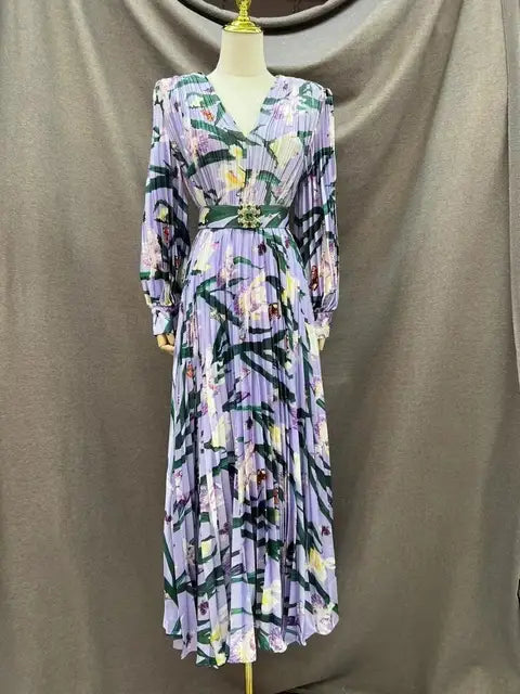 Vintage V Neck Full Sleeve High Waist Belt Large Hem Printed Long Pleated Dresses New Arrival