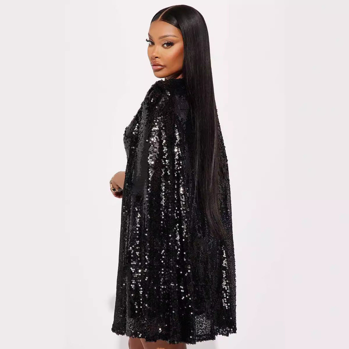 Fashion Stand Collar Sequins Dress Loose Women's Wear