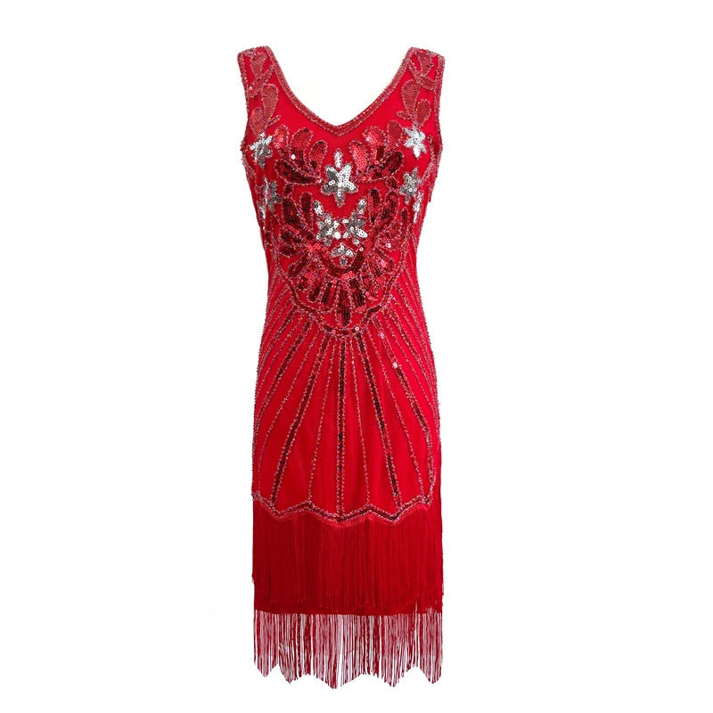 1920s Retro V-Neck Sequin Gatsby Luxury Sequin Fringe Dress Party Ball Cocktail Dress