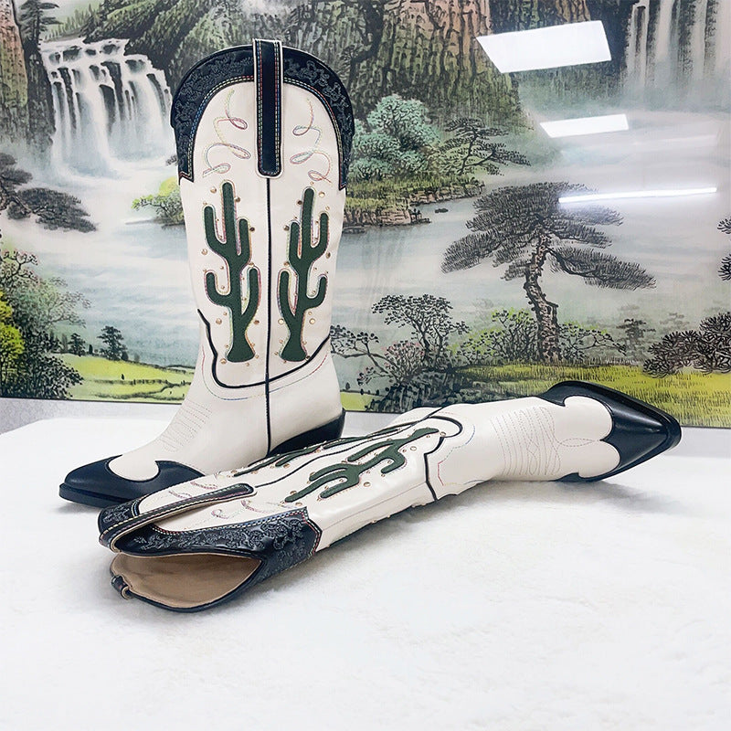 Western Cowboy Mid Calf Women Boots Chunky High Heels Cactus Vintage Cowgirl Long Boots Retro Shoes Woman