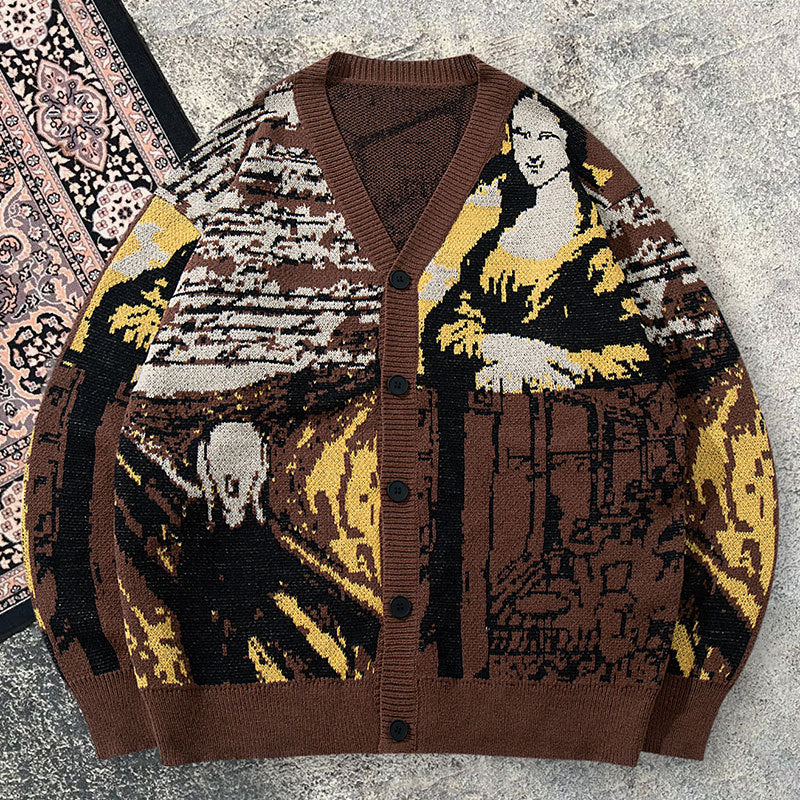 Sweater Men Vintage Fun Street Style Design Knitwear V-Neck Loose Casual Jacket