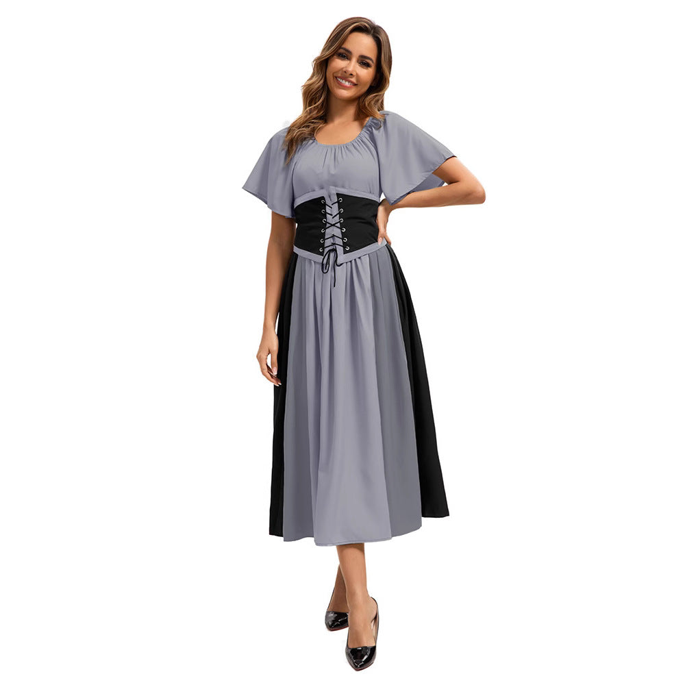 Style Medieval Retro Color-block Spliced Tie-waist Flared Dress for Costume Party Formal Dress
