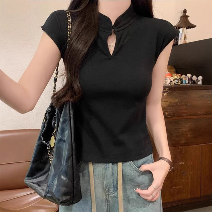 Style Traditional Button Half-Sleeve T-Shirt Women's Retro Slimming Short Fit Versatile Top