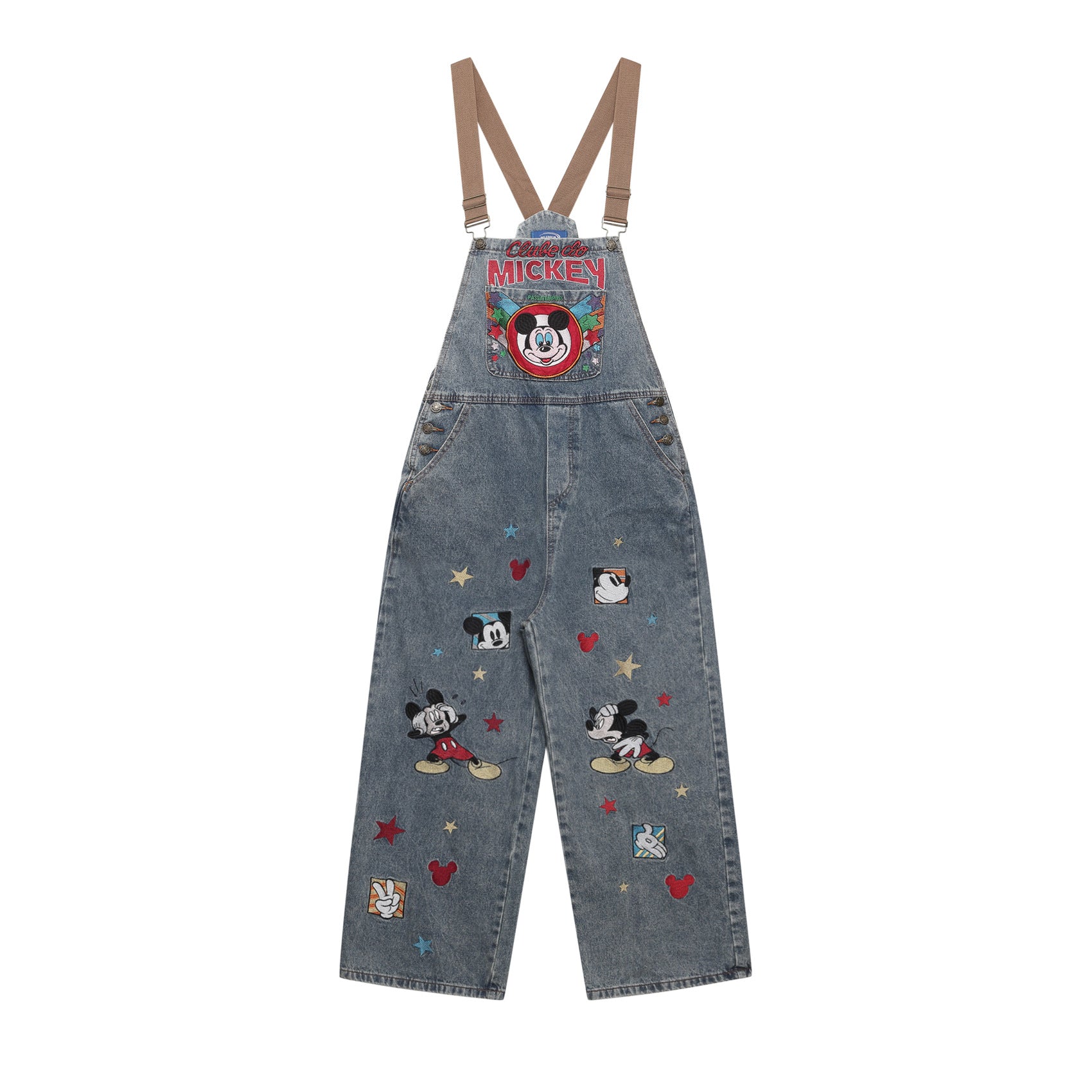 Retro Cartoon Embroidery Washed Denim Overalls Unisex Unique Design Loose Jumpsuit