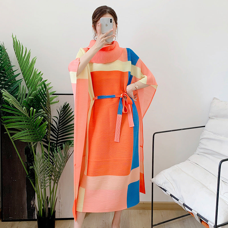 Pleated Print Dress Autumn New Women's Retro Style a Version Color Matching Lapel Pleated Long Skirt