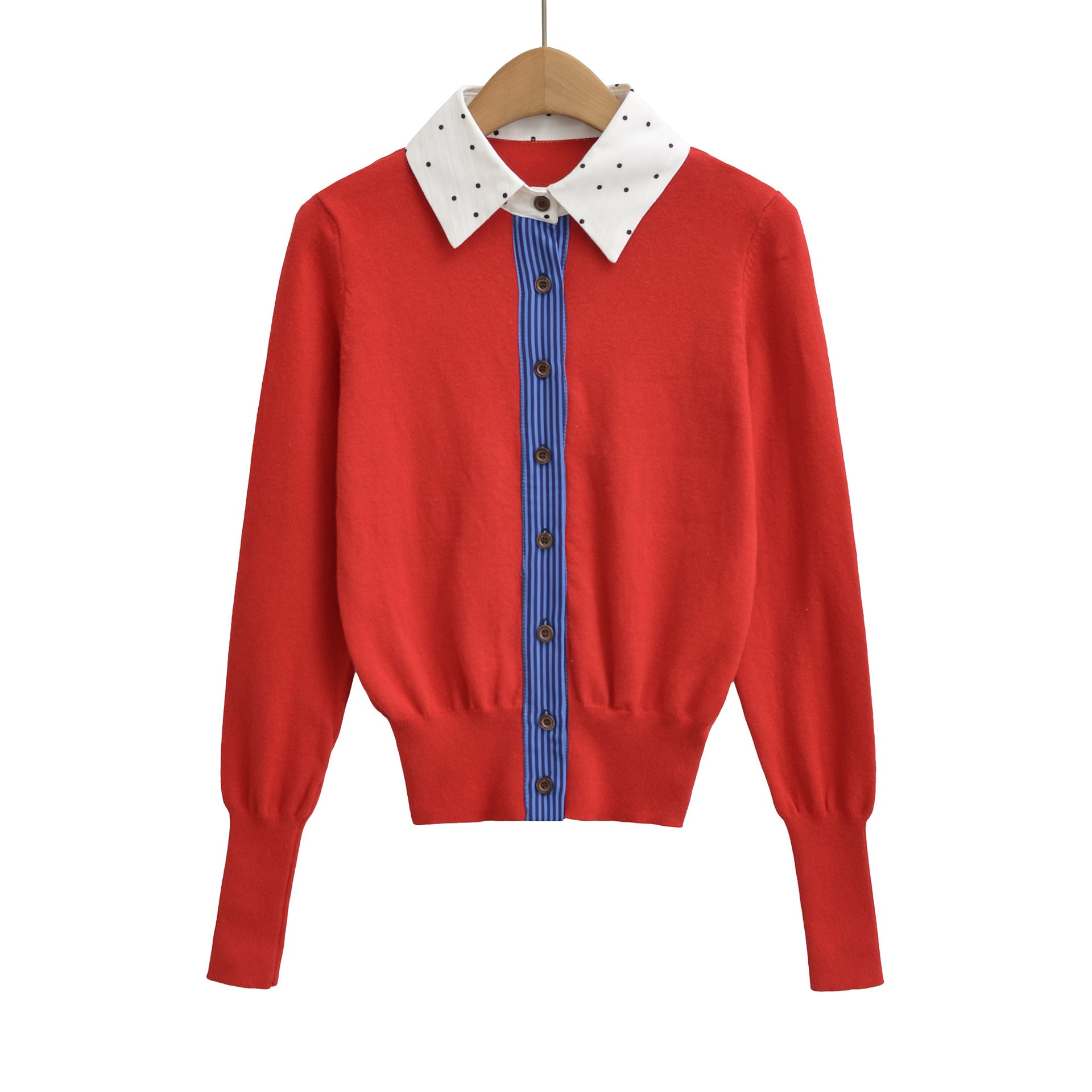 Retro slimming cardigan top fake two-piece patchwork embroidered knit sweater