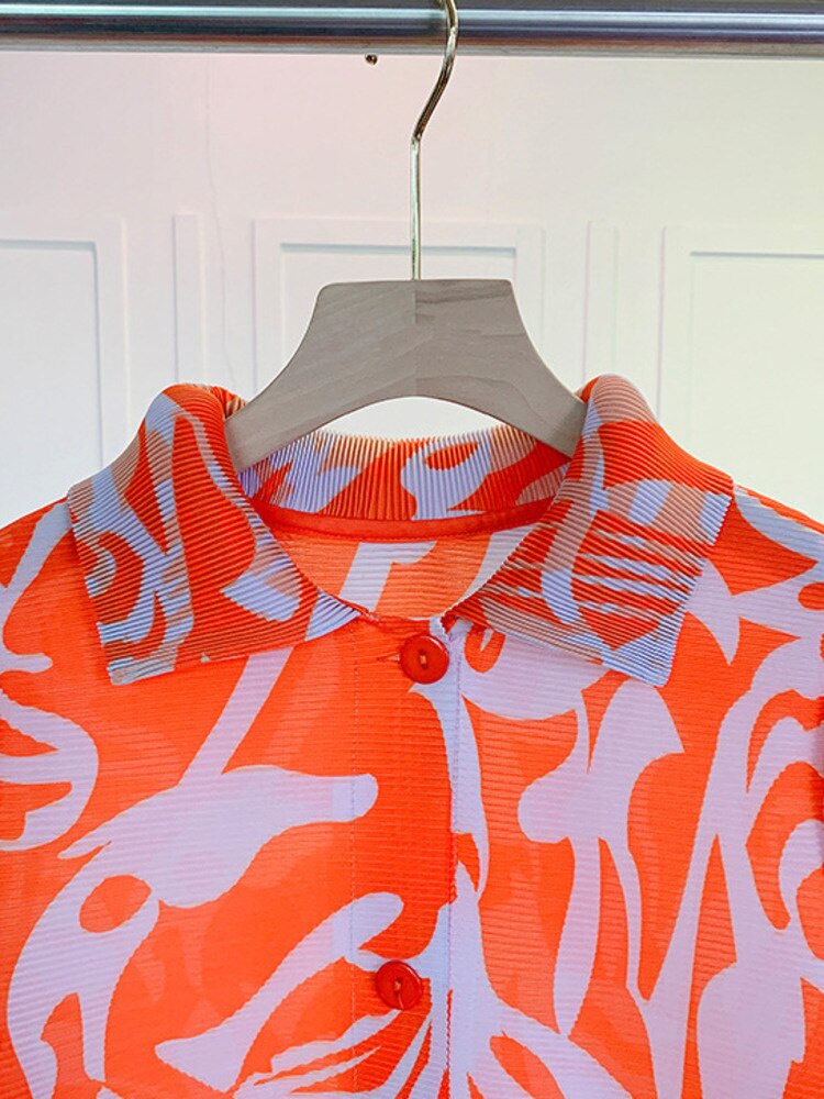 Vintage Pleated Print Irregular Dress Women Lapel Loose Single Breasted Spring Summer New Elegant Fashion Tide