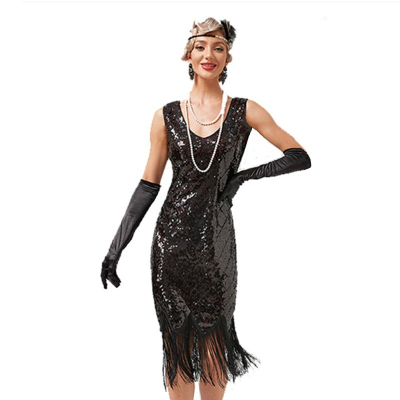 Gatsby Sequin Fringe Dress 1920s Vintage V-Neck Elegant Evening Gown Sexy Fringed Dress