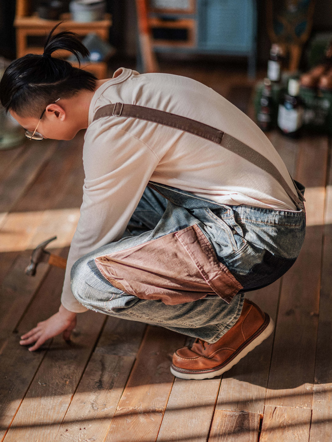 Distressed Denim Contrast Overalls