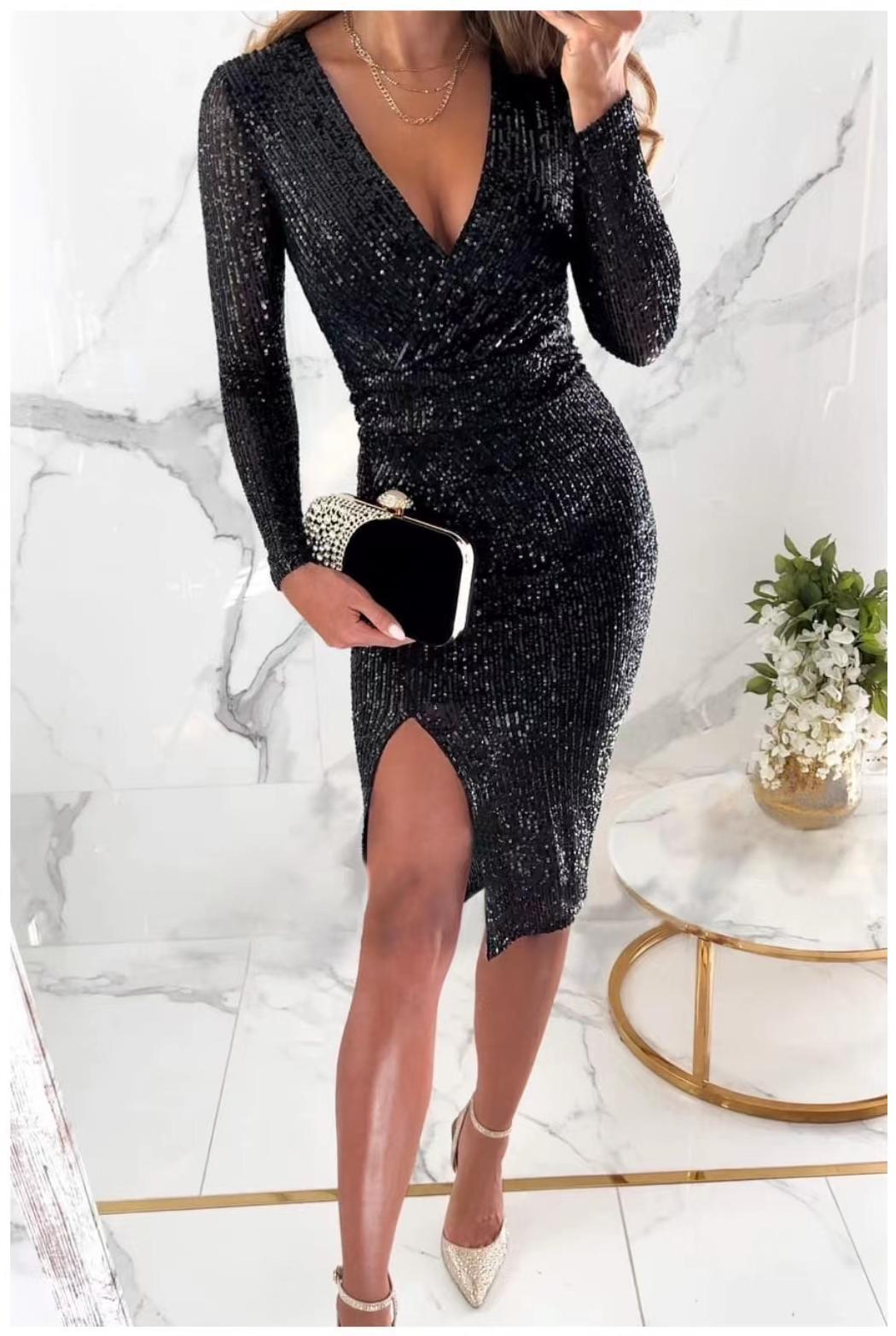 Autumn And Winter New Sequins Split Long Sleeve Dress