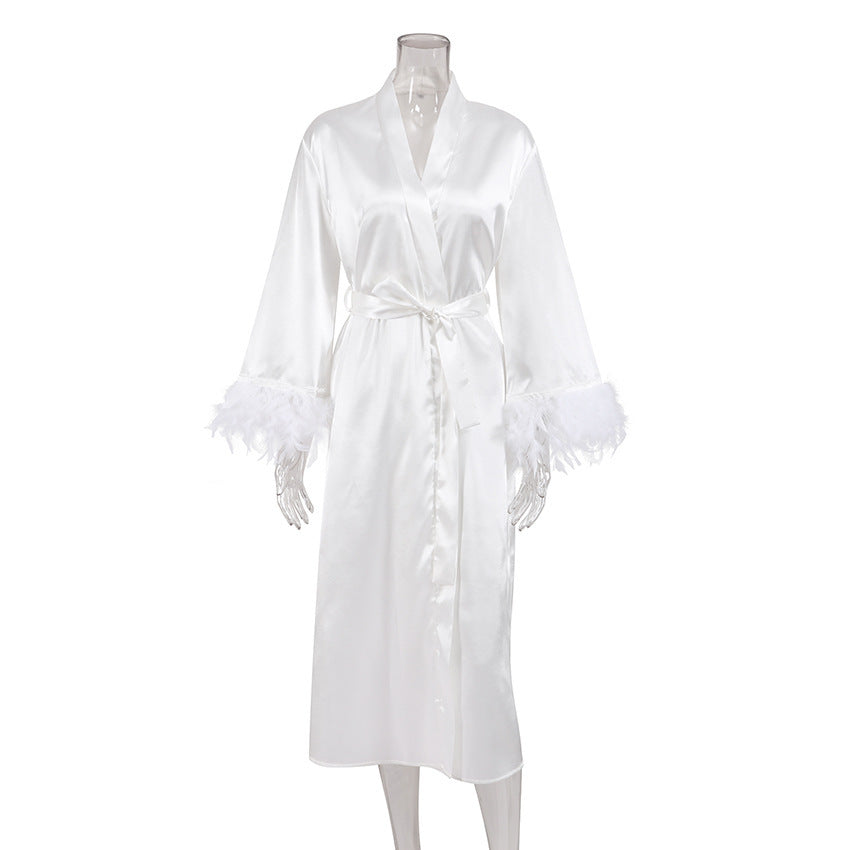 Autumn Pajamas Women's Cardigan Feather Satin Nightgown