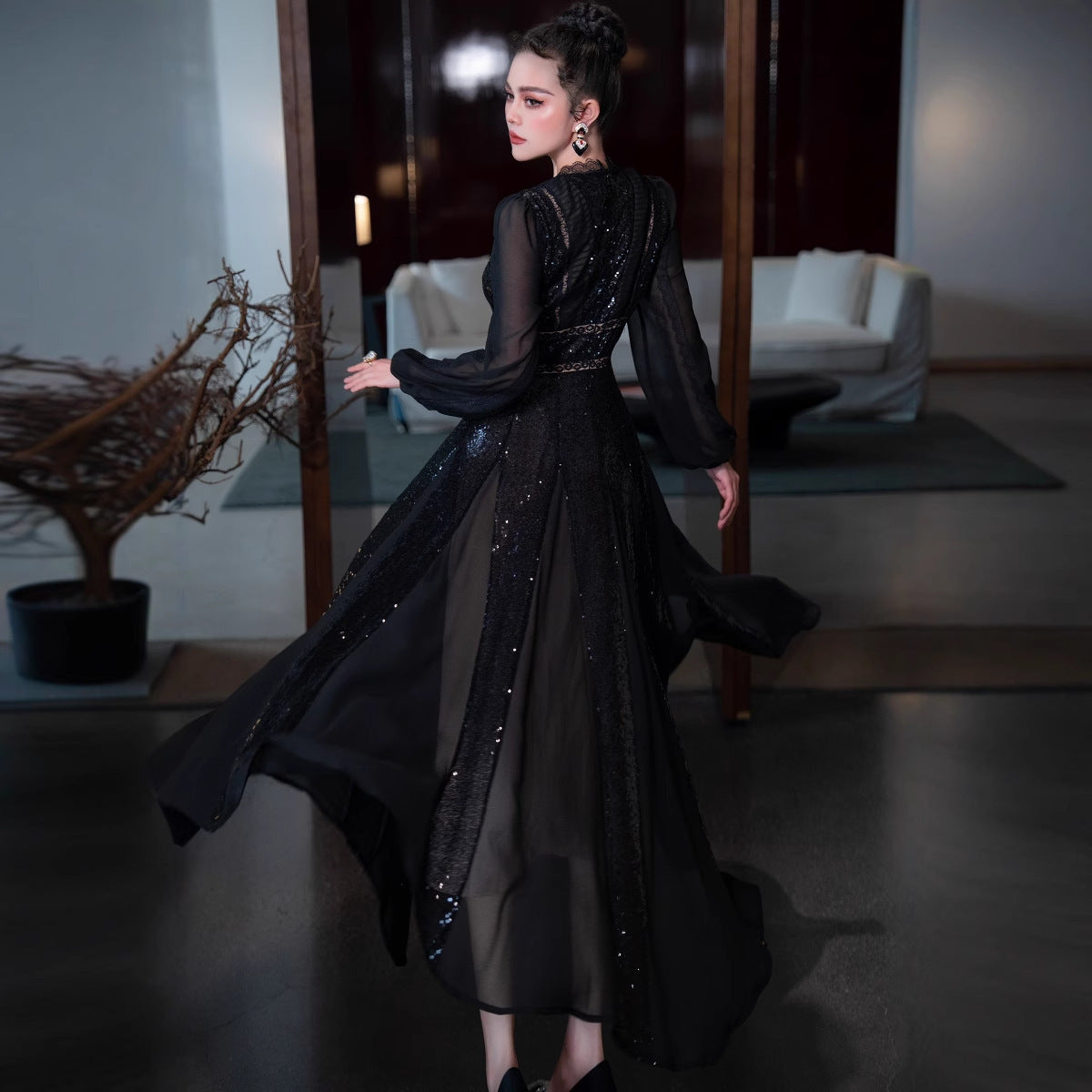 V-neck Long Sleeve Big Hem Dress