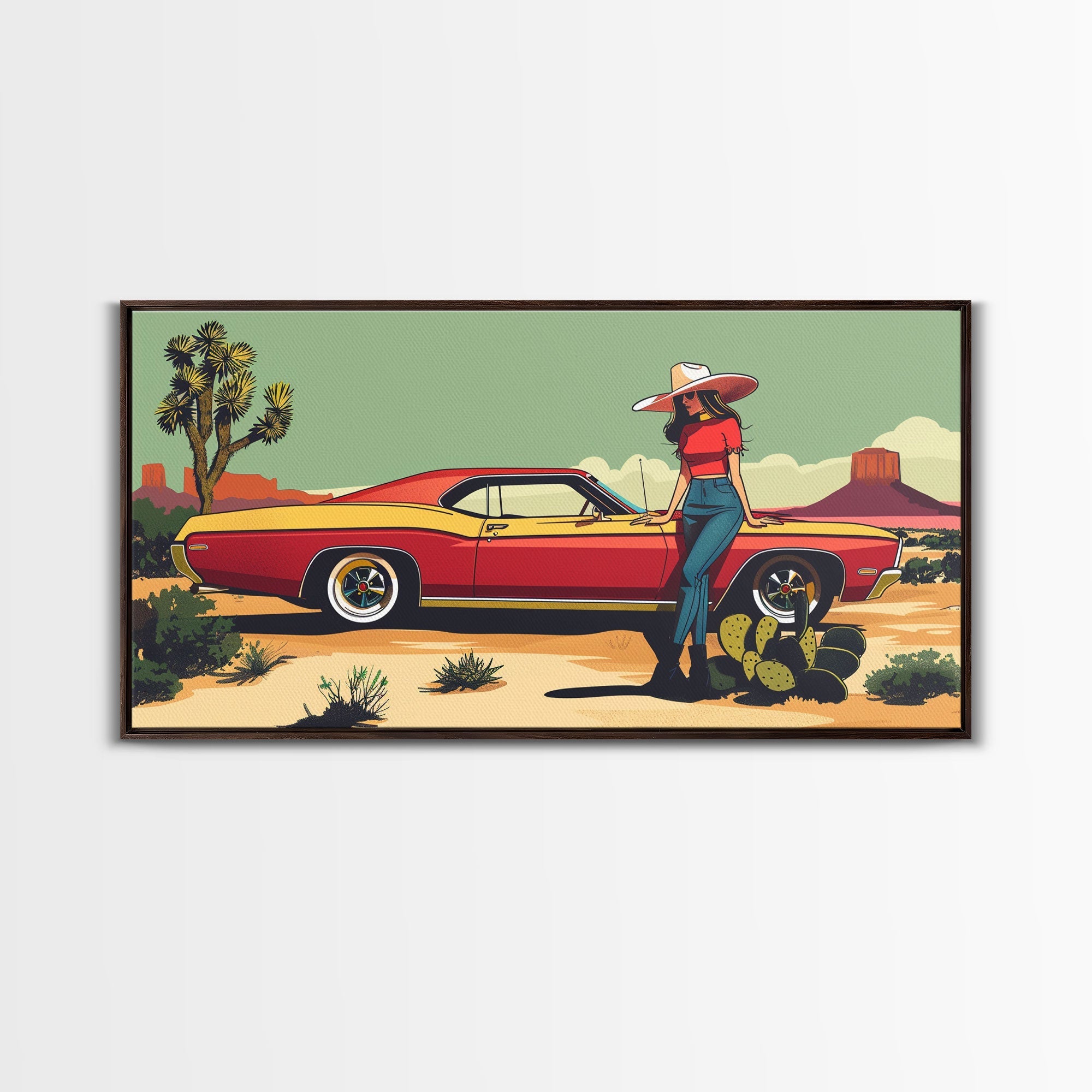 Retro Cowgirl with Red Car in Desert Landscape, Framed Canvas Print for Stylish Living Room Decor, Ideal Bedroom Wall Art