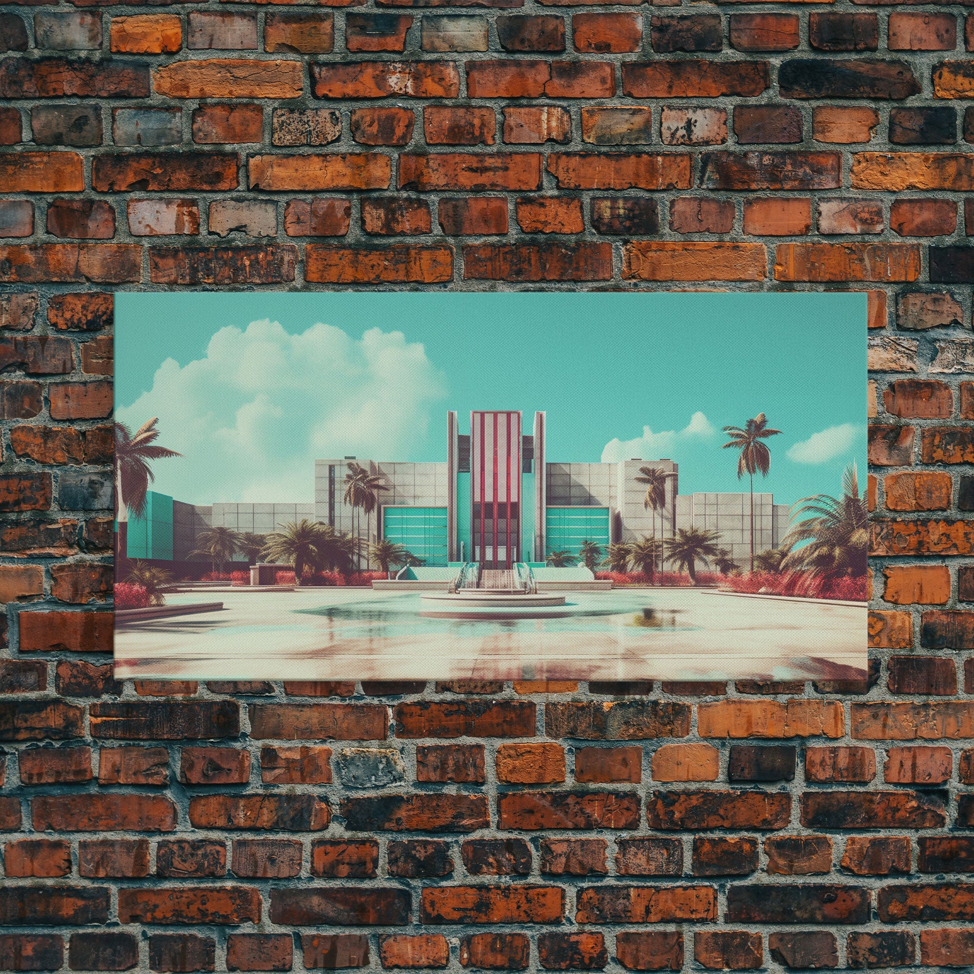 Vaporwave Art Deco Architecture, Framed Canvas Print, Retro 80s Wall Art, Liminal Spaces, Office Decor