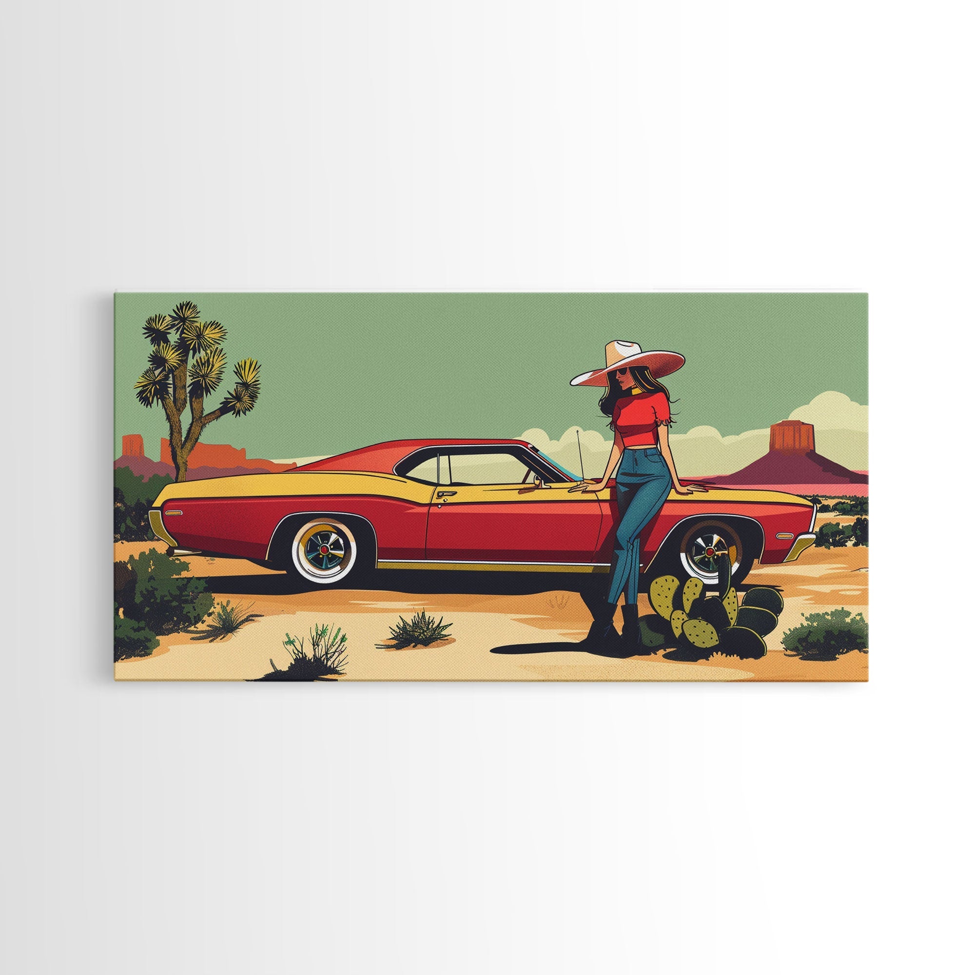 Retro Cowgirl with Red Car in Desert Landscape, Framed Canvas Print for Stylish Living Room Decor, Ideal Bedroom Wall Art